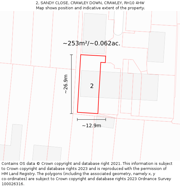 2, SANDY CLOSE, CRAWLEY DOWN, CRAWLEY, RH10 4HW: Plot and title map