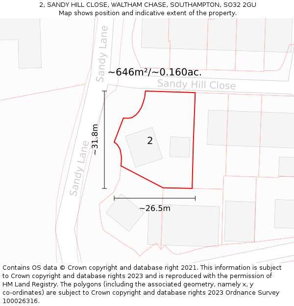 2, SANDY HILL CLOSE, WALTHAM CHASE, SOUTHAMPTON, SO32 2GU: Plot and title map