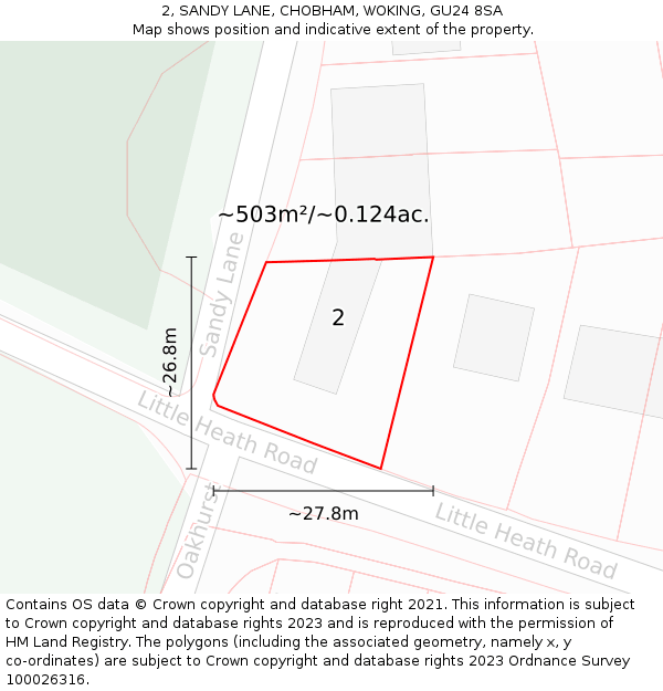 2, SANDY LANE, CHOBHAM, WOKING, GU24 8SA: Plot and title map