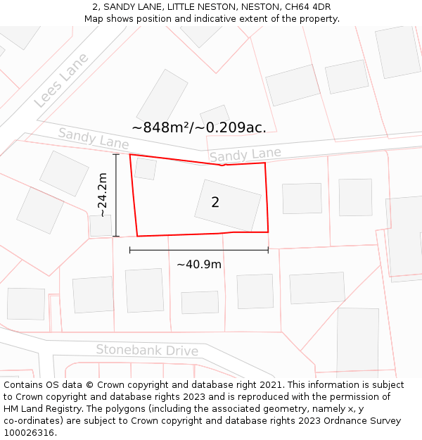 2, SANDY LANE, LITTLE NESTON, NESTON, CH64 4DR: Plot and title map
