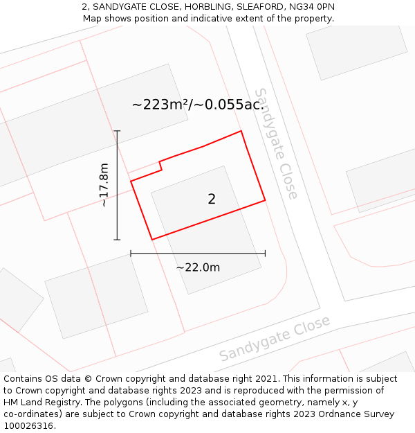 2, SANDYGATE CLOSE, HORBLING, SLEAFORD, NG34 0PN: Plot and title map