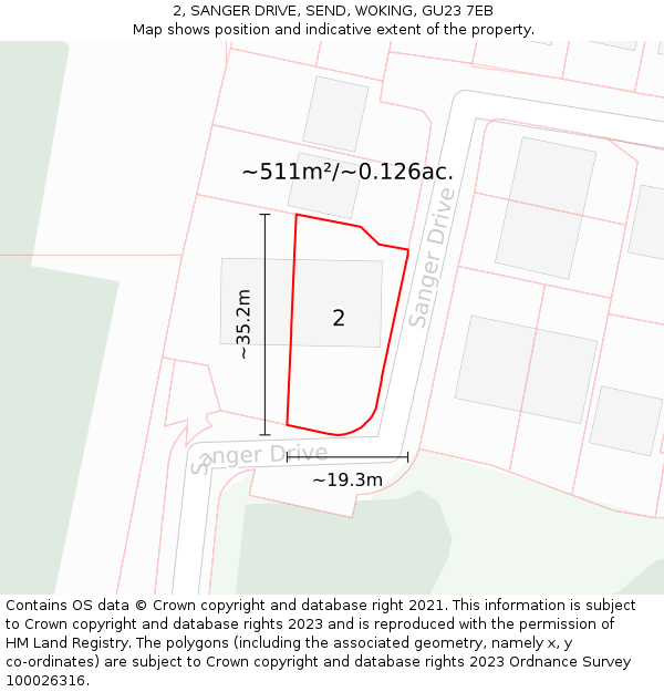 2, SANGER DRIVE, SEND, WOKING, GU23 7EB: Plot and title map