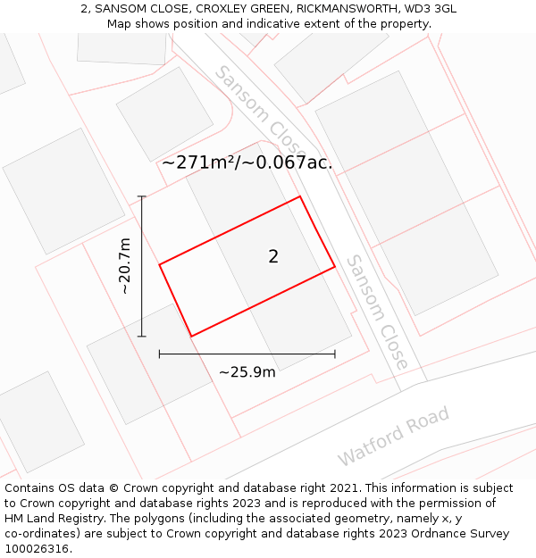 2, SANSOM CLOSE, CROXLEY GREEN, RICKMANSWORTH, WD3 3GL: Plot and title map
