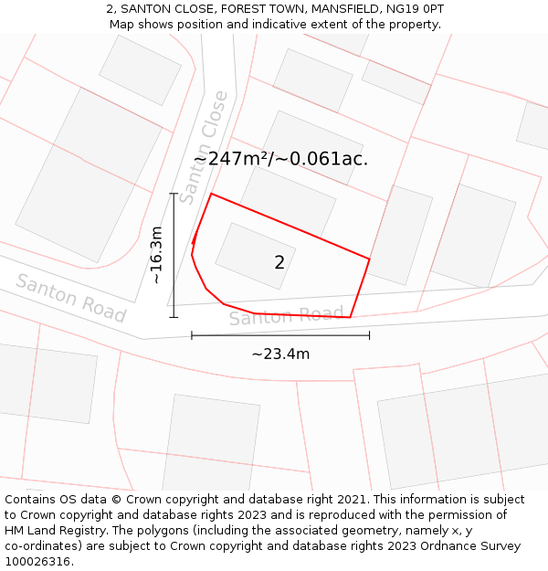 2, SANTON CLOSE, FOREST TOWN, MANSFIELD, NG19 0PT: Plot and title map