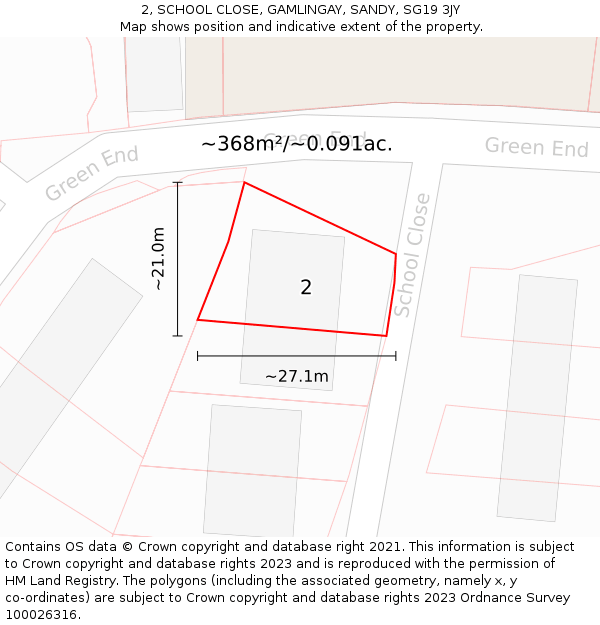 2, SCHOOL CLOSE, GAMLINGAY, SANDY, SG19 3JY: Plot and title map