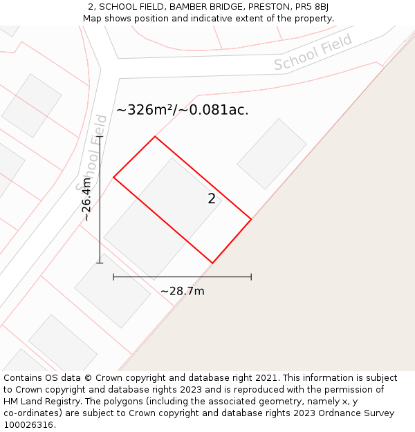 2, SCHOOL FIELD, BAMBER BRIDGE, PRESTON, PR5 8BJ: Plot and title map