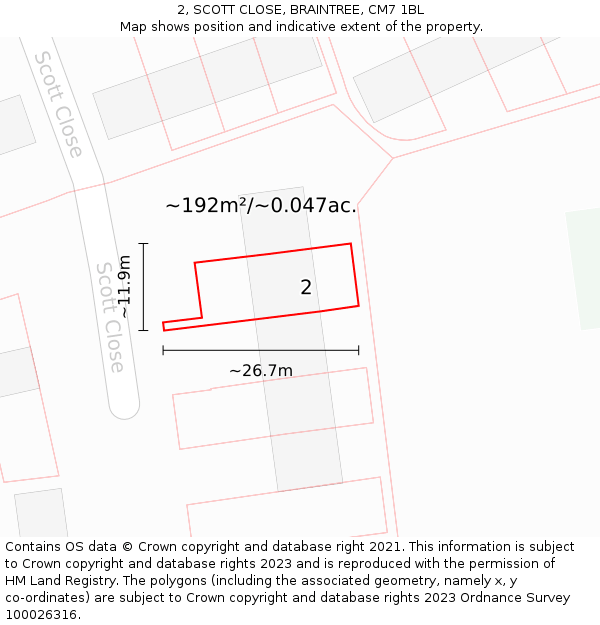2, SCOTT CLOSE, BRAINTREE, CM7 1BL: Plot and title map