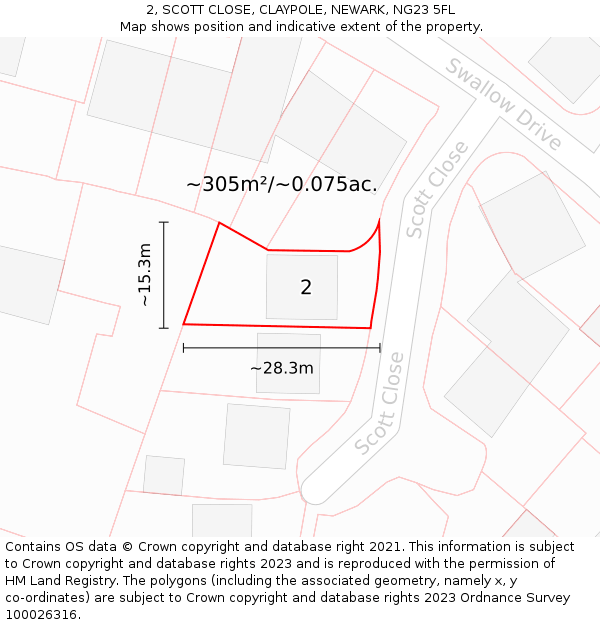 2, SCOTT CLOSE, CLAYPOLE, NEWARK, NG23 5FL: Plot and title map