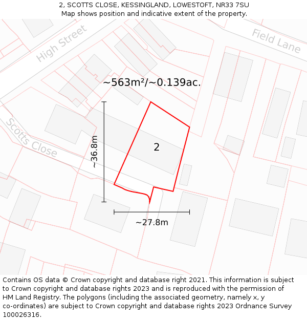 2, SCOTTS CLOSE, KESSINGLAND, LOWESTOFT, NR33 7SU: Plot and title map