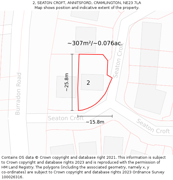2, SEATON CROFT, ANNITSFORD, CRAMLINGTON, NE23 7LA: Plot and title map