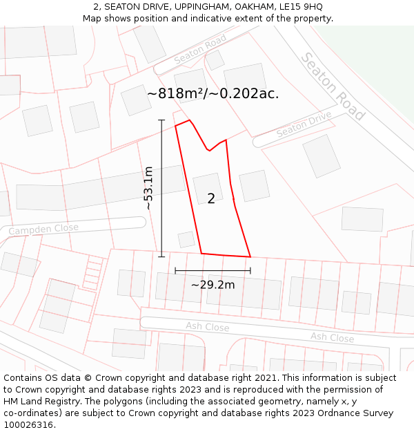 2, SEATON DRIVE, UPPINGHAM, OAKHAM, LE15 9HQ: Plot and title map