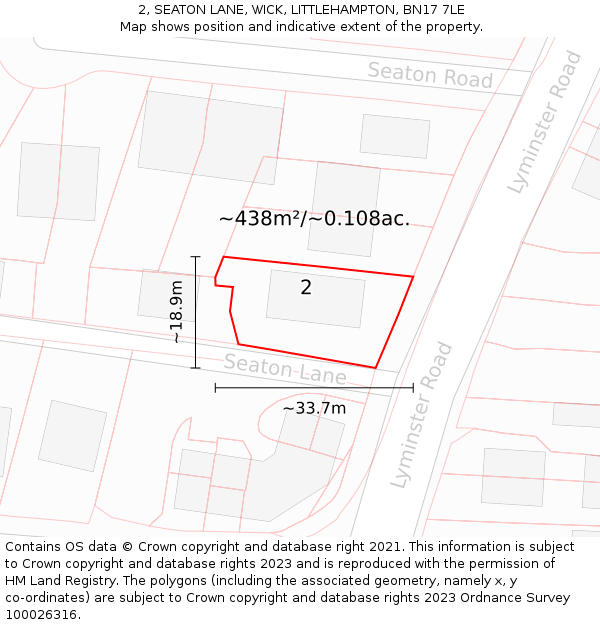 2, SEATON LANE, WICK, LITTLEHAMPTON, BN17 7LE: Plot and title map