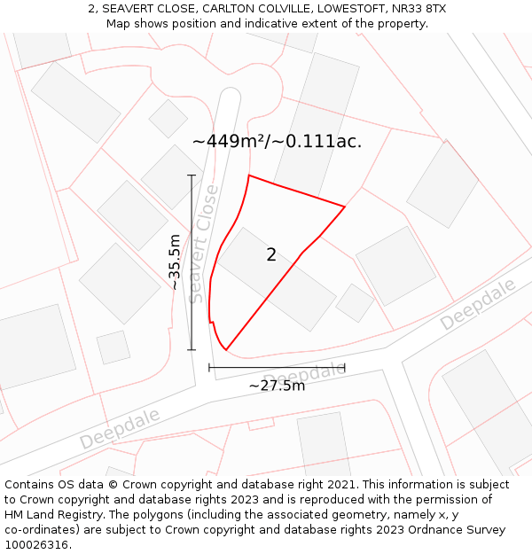 2, SEAVERT CLOSE, CARLTON COLVILLE, LOWESTOFT, NR33 8TX: Plot and title map