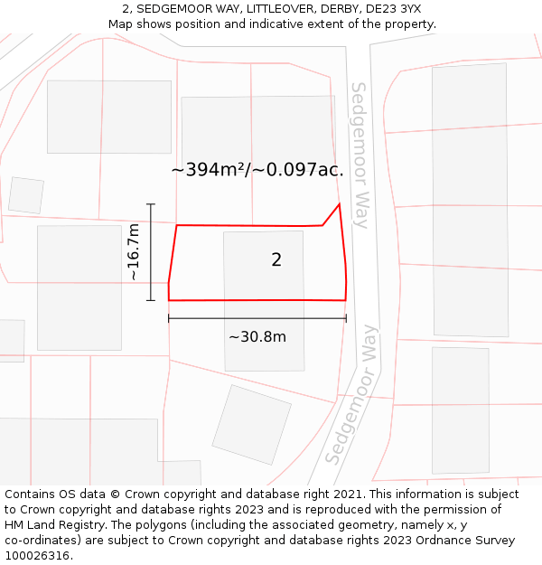 2, SEDGEMOOR WAY, LITTLEOVER, DERBY, DE23 3YX: Plot and title map