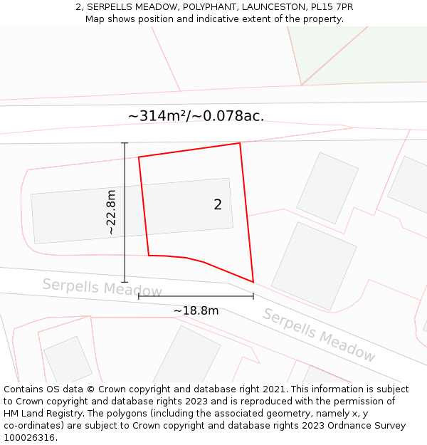 2, SERPELLS MEADOW, POLYPHANT, LAUNCESTON, PL15 7PR: Plot and title map