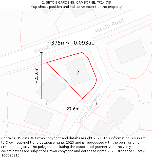 2, SETON GARDENS, CAMBORNE, TR14 7JS: Plot and title map