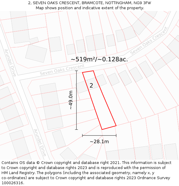 2, SEVEN OAKS CRESCENT, BRAMCOTE, NOTTINGHAM, NG9 3FW: Plot and title map