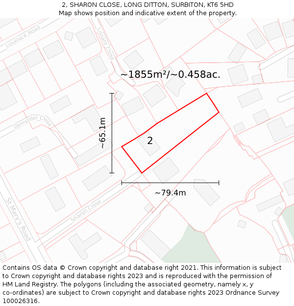 2, SHARON CLOSE, LONG DITTON, SURBITON, KT6 5HD: Plot and title map