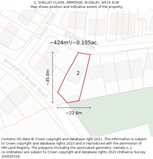 2, SHELLEY CLOSE, ARMITAGE, RUGELEY, WS15 4UW: Plot and title map