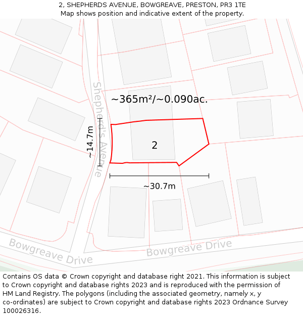 2, SHEPHERDS AVENUE, BOWGREAVE, PRESTON, PR3 1TE: Plot and title map