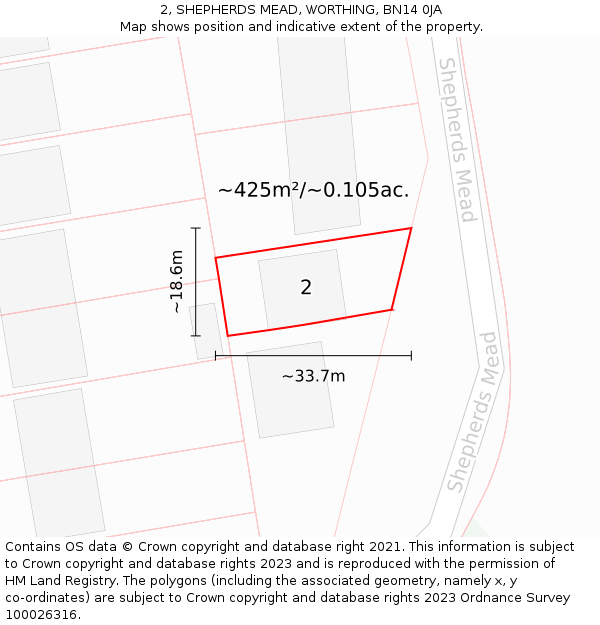 2, SHEPHERDS MEAD, WORTHING, BN14 0JA: Plot and title map