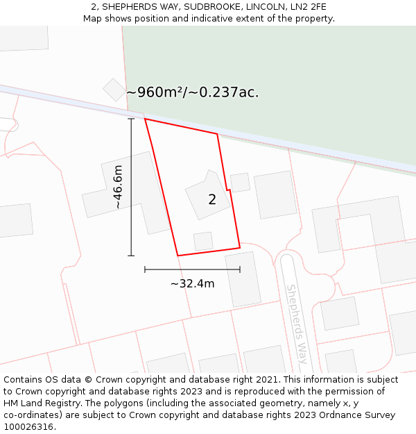 2, SHEPHERDS WAY, SUDBROOKE, LINCOLN, LN2 2FE: Plot and title map