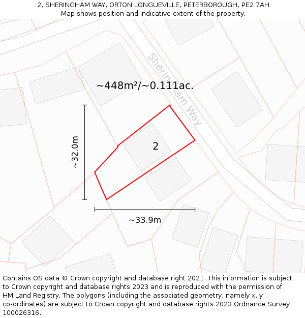2, SHERINGHAM WAY, ORTON LONGUEVILLE, PETERBOROUGH, PE2 7AH: Plot and title map