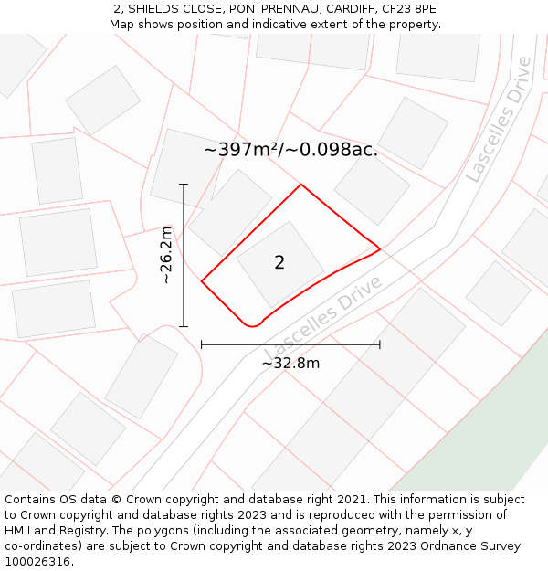 2, SHIELDS CLOSE, PONTPRENNAU, CARDIFF, CF23 8PE: Plot and title map