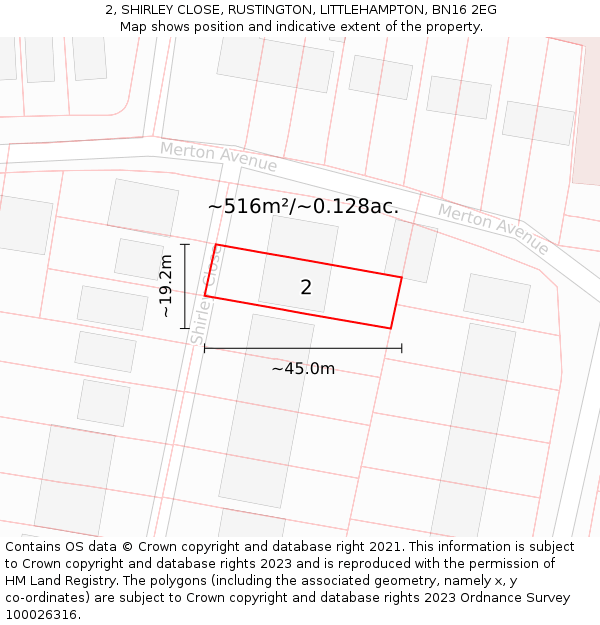 2, SHIRLEY CLOSE, RUSTINGTON, LITTLEHAMPTON, BN16 2EG: Plot and title map
