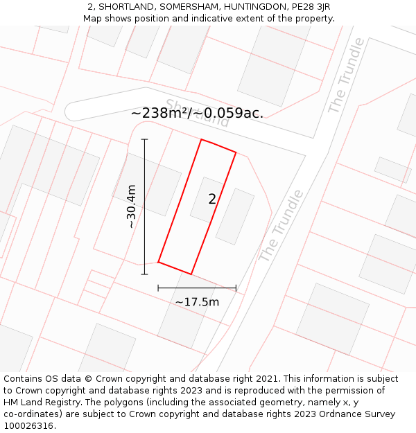 2, SHORTLAND, SOMERSHAM, HUNTINGDON, PE28 3JR: Plot and title map