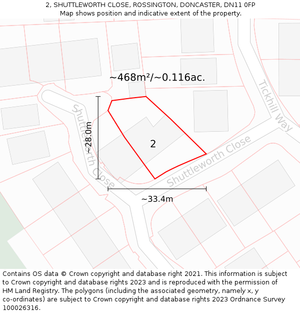 2, SHUTTLEWORTH CLOSE, ROSSINGTON, DONCASTER, DN11 0FP: Plot and title map