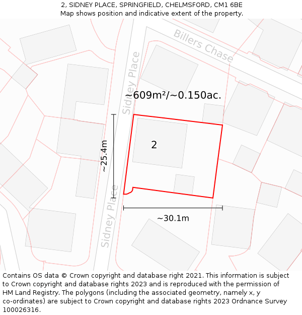 2, SIDNEY PLACE, SPRINGFIELD, CHELMSFORD, CM1 6BE: Plot and title map