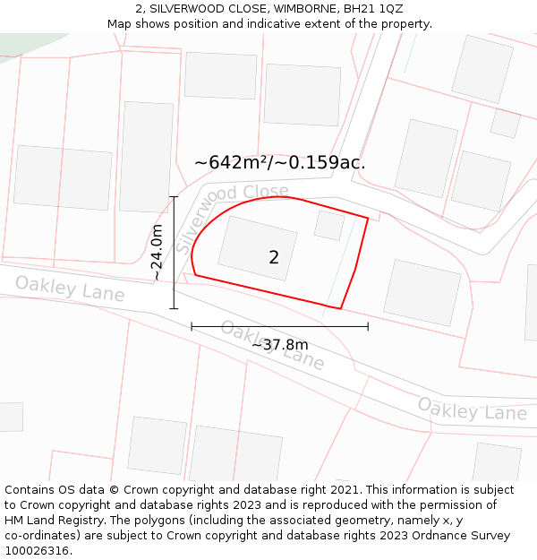 2, SILVERWOOD CLOSE, WIMBORNE, BH21 1QZ: Plot and title map
