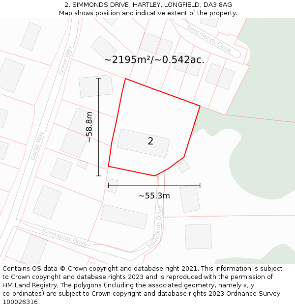 2, SIMMONDS DRIVE, HARTLEY, LONGFIELD, DA3 8AG: Plot and title map