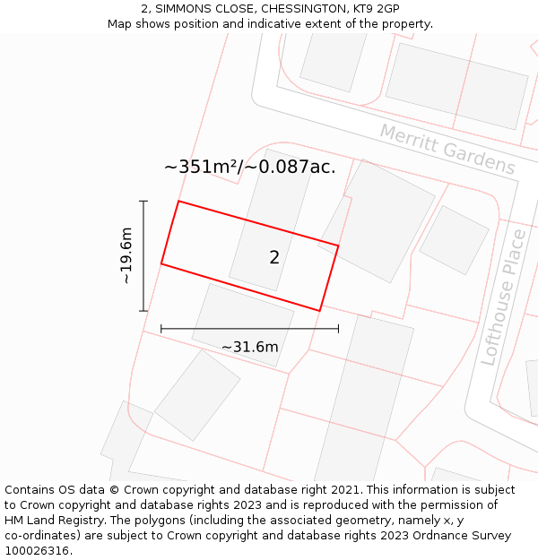 2, SIMMONS CLOSE, CHESSINGTON, KT9 2GP: Plot and title map