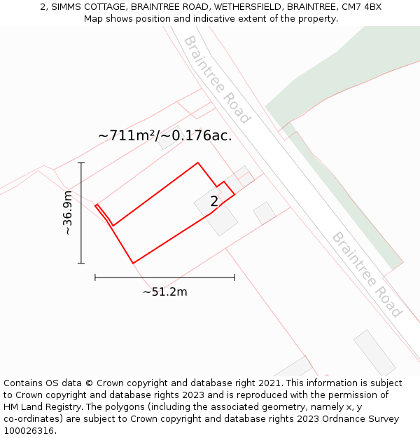 2, SIMMS COTTAGE, BRAINTREE ROAD, WETHERSFIELD, BRAINTREE, CM7 4BX: Plot and title map