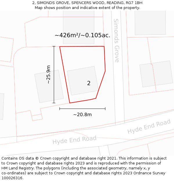 2, SIMONDS GROVE, SPENCERS WOOD, READING, RG7 1BH: Plot and title map