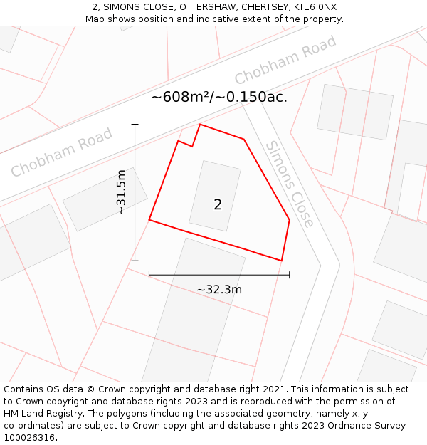 2, SIMONS CLOSE, OTTERSHAW, CHERTSEY, KT16 0NX: Plot and title map