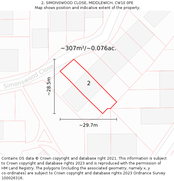 2, SIMONSWOOD CLOSE, MIDDLEWICH, CW10 0PE: Plot and title map