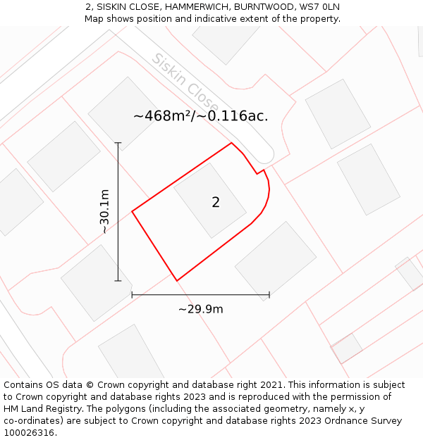 2, SISKIN CLOSE, HAMMERWICH, BURNTWOOD, WS7 0LN: Plot and title map