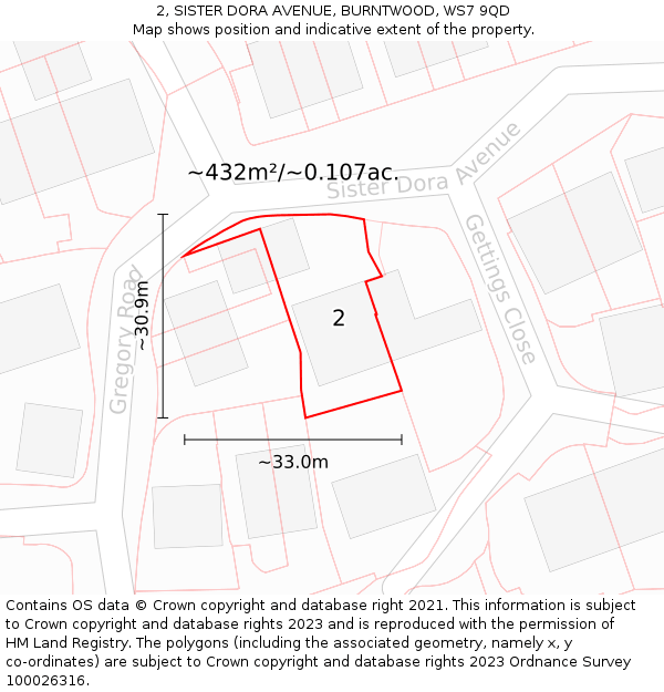 2, SISTER DORA AVENUE, BURNTWOOD, WS7 9QD: Plot and title map