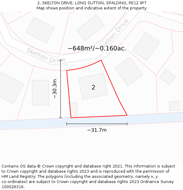 2, SKELTON DRIVE, LONG SUTTON, SPALDING, PE12 9FT: Plot and title map