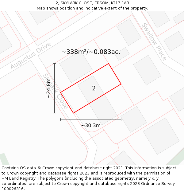 2, SKYLARK CLOSE, EPSOM, KT17 1AR: Plot and title map