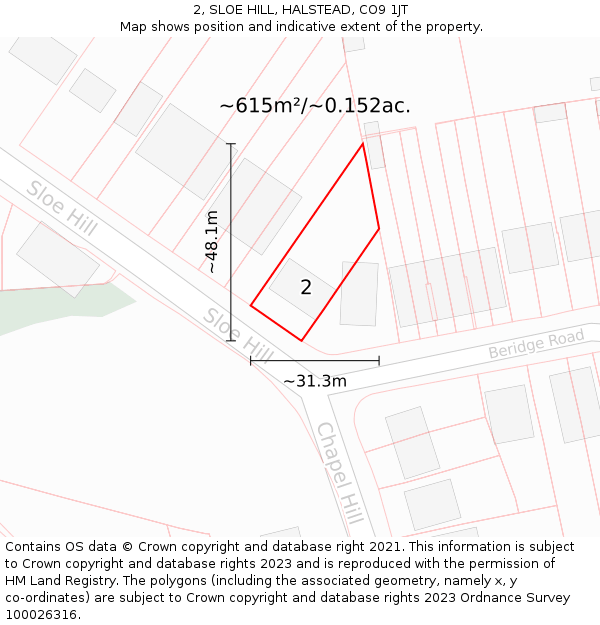 2, SLOE HILL, HALSTEAD, CO9 1JT: Plot and title map