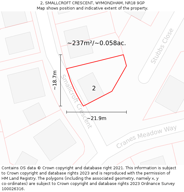 2, SMALLCROFT CRESCENT, WYMONDHAM, NR18 9GP: Plot and title map