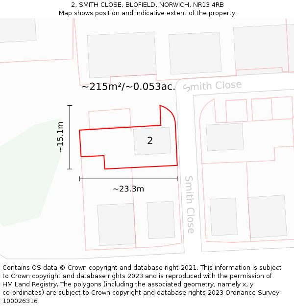2, SMITH CLOSE, BLOFIELD, NORWICH, NR13 4RB: Plot and title map