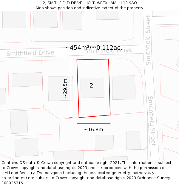 2, SMITHFIELD DRIVE, HOLT, WREXHAM, LL13 9AQ: Plot and title map
