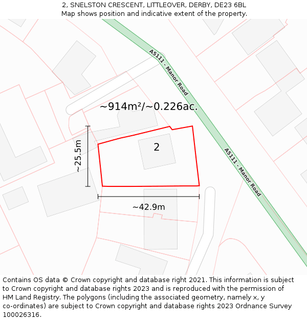 2, SNELSTON CRESCENT, LITTLEOVER, DERBY, DE23 6BL: Plot and title map