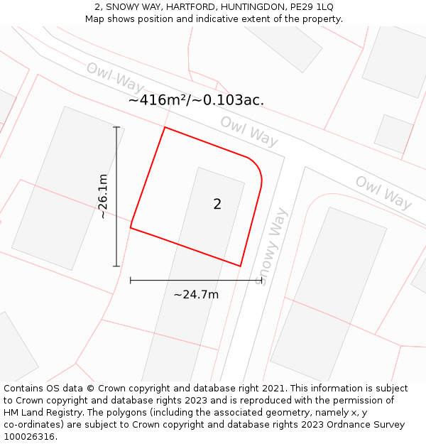 2, SNOWY WAY, HARTFORD, HUNTINGDON, PE29 1LQ: Plot and title map