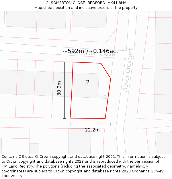 2, SOMERTON CLOSE, BEDFORD, MK41 8HA: Plot and title map